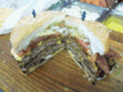 Picture of a Big Ben Burger with everything on it. It weighs over 1 pound